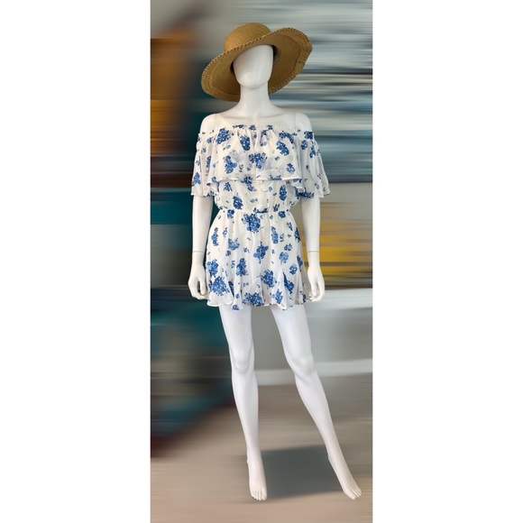 sugar and lips Pants - Blue and white floral off shoulder romper XS S M L